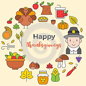 Thanksgiving icon arrange as circle shape and happy thanksgiving