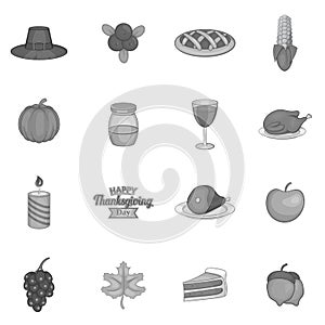 Thanksgiving icons set, black monochrome style