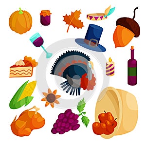 Thanksgiving icons set, cartoon style