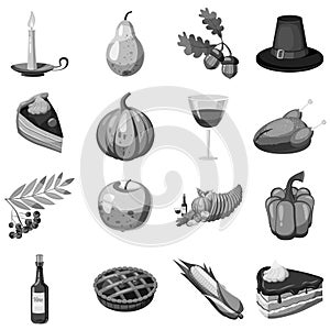 Thanksgiving icons set, gray monochrome style