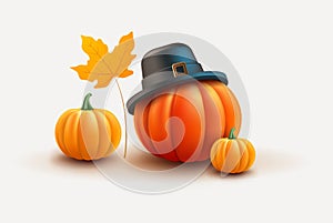 Thanksgiving illustration - Pumpkin in a pilgrim hat. Orange pumpkins and autumn leaf isolated on white background - vector