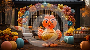 Thanksgiving inflatable turkey and pumpkins front yard display, exterior home decor