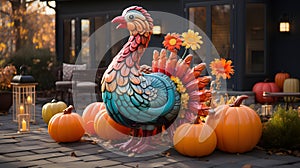 Thanksgiving inflatable turkey and pumpkins front yard display, exterior home decor