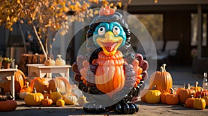 Thanksgiving inflatable turkey and pumpkins front yard display, exterior home decor