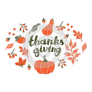 Thanksgiving Lettering Illustration with Doodle Autumn Elements. photo