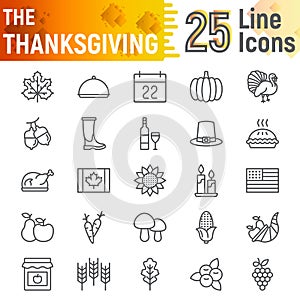 Thanksgiving line icon set, holiday symbols collection, vector sketches, logo illustrations, autumn signs