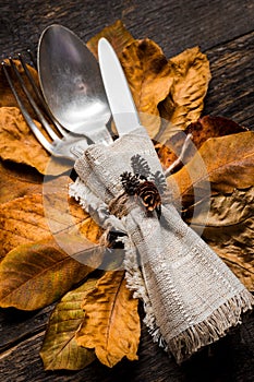 Thanksgiving Meal Setting. Seasonal table setting. Thanksgiving autumn place setting with cutlery and autumn leaves.