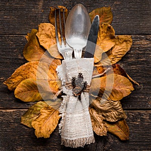 Thanksgiving Meal Setting. Seasonal table setting. Thanksgiving autumn place setting with cutlery and autumn leaves.