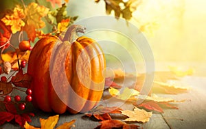 Thanksgiving orange pumpkins, autumn leaves and berries on wooden table.