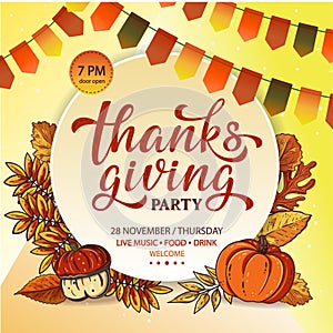 Thanksgiving Party poster or flyer design with hand lettering label