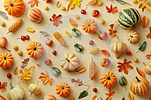 Thanksgiving Pattern, Fruit and vegetable in thanksgiving day soft blurred background