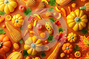 Thanksgiving Pattern, Fruit and vegetable in thanksgiving day soft blurred background