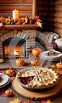 Thanksgiving Pie In A Cozy Log Cabin Setting With A Fireplac. Generative AI