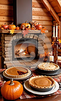 Thanksgiving Pie In A Cozy Log Cabin Setting With A Fireplac. Generative AI