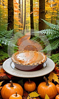 Thanksgiving Pie On A Forest Path With Ferns Aroun. Generative AI