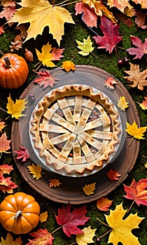 Thanksgiving Pie In The Middle Of A Forest Clearing With Fall Foliag. Generative AI