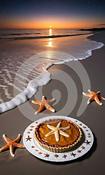Thanksgiving Pie On A Moonlit Beach With Starfish Aroun. Generative AI