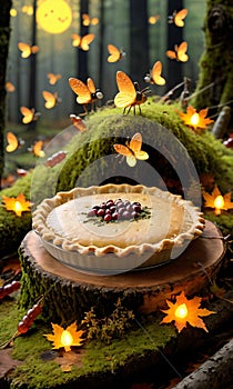 Thanksgiving Pie On A Mossy Log With Fireflies Aroun. Generative AI