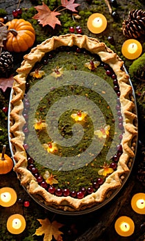 Thanksgiving Pie On A Mossy Log With Fireflies Aroun. Generative AI