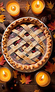 Thanksgiving Pie On A Rustic Wooden Table With Golden Candleligh. Generative AI