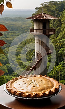 Thanksgiving Pie On A Watchtower Overlooking A Dense Jungl. Generative AI