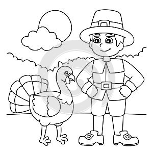 Thanksgiving Pilgrim Boy With Turkey Coloring Page