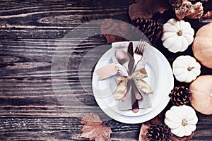 Thanksgiving Place Setting with Decorations over a Rustic Wood background