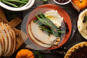 Thanksgiving plate with turkey, mashed potatoes and green beans