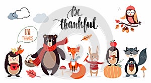 Thanksgiving poster with cute animals isolated on white background