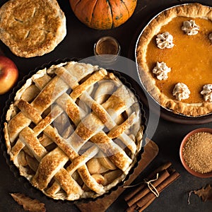 Thanksgiving pumpkin and apple pies photo