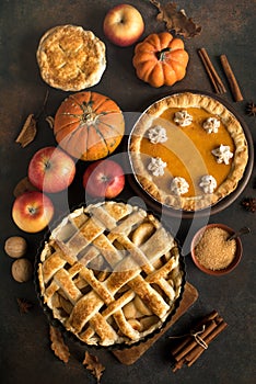 Thanksgiving pumpkin and apple various pies