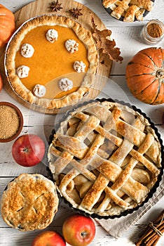 Thanksgiving pumpkin and apple various pies