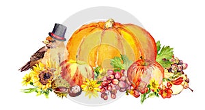 Thanksgiving pumpkin with bird in hat, flowers, fruits. Watercolor