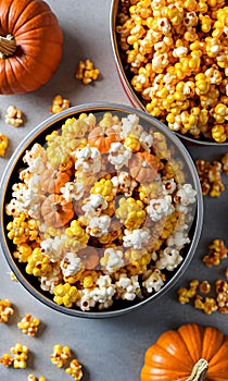 Thanksgiving Pumpkin And Corn Kettlecorn In A Ti. Generative AI photo