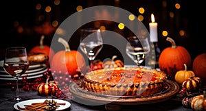 Thanksgiving pumpkin pie is elegantly served with candles on a wooden table