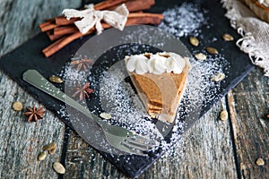 Thanksgiving pumpkin pie with pumpkin seeds