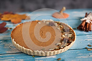 Thanksgiving pumpkin pie with pumpkin seeds