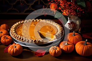 a thanksgiving pumpkin pie with a slice missing