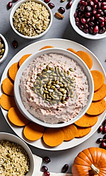 Thanksgiving Pumpkin Seed Dip With A Bowl Of Turkey And Cranberry Ric. Generative AI