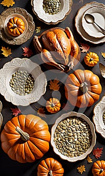 Thanksgiving Pumpkin Seeds, Rustic Bread Loaves, And Hand-Painted Turkey Dishwar. Generative AI