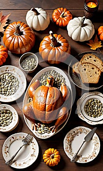 Thanksgiving Pumpkin Seeds, Rustic Bread Loaves, And Hand-Painted Turkey Dishwar. Generative AI