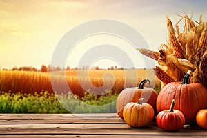 Thanksgiving With Pumpkins Apples And Corncobs On Wooden Table with Field Trees Background