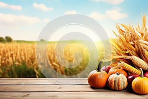 Thanksgiving With Pumpkins Apples And Corncobs On Wooden Table with Field Trees Background