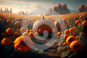 Thanksgiving pumpkins in countryside field with sunflowers. Fantasy landscape with colorful harvest pumpkin crop. Holiday autumn