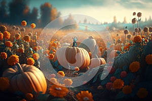 Thanksgiving pumpkins in countryside flower field. Fantasy landscape with colorful harvest pumpkin crop. Holiday autumn magic