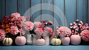 Thanksgiving Pumpkins with Fruits and Flowers Copy Space Cyan Color Wooden Background Focus on Foreground