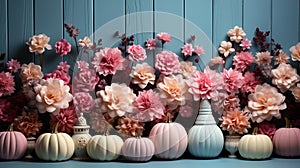 Thanksgiving Pumpkins with Fruits and Flowers Copy Space Cyan Color Wooden Background Focus on Foreground