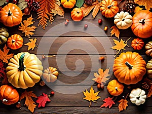 Thanksgiving pumpkins on wooden desk and autumn leaves background