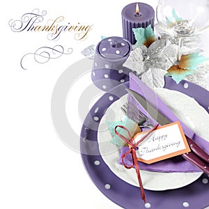 Thanksgiving purple theme table setting with sample text.