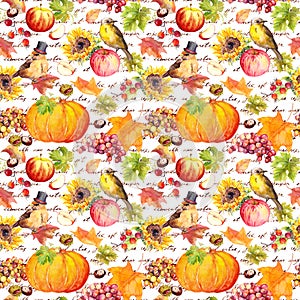 Thanksgiving repeating pattern - birds, fruits, vegetables - pumpkin, apples, grape with autumn leaves. Vintage